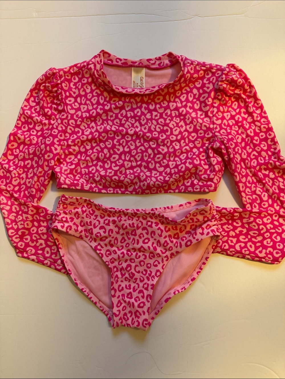 Girls Pink Leopard Print Long Sleeve Rashguard Swim Set